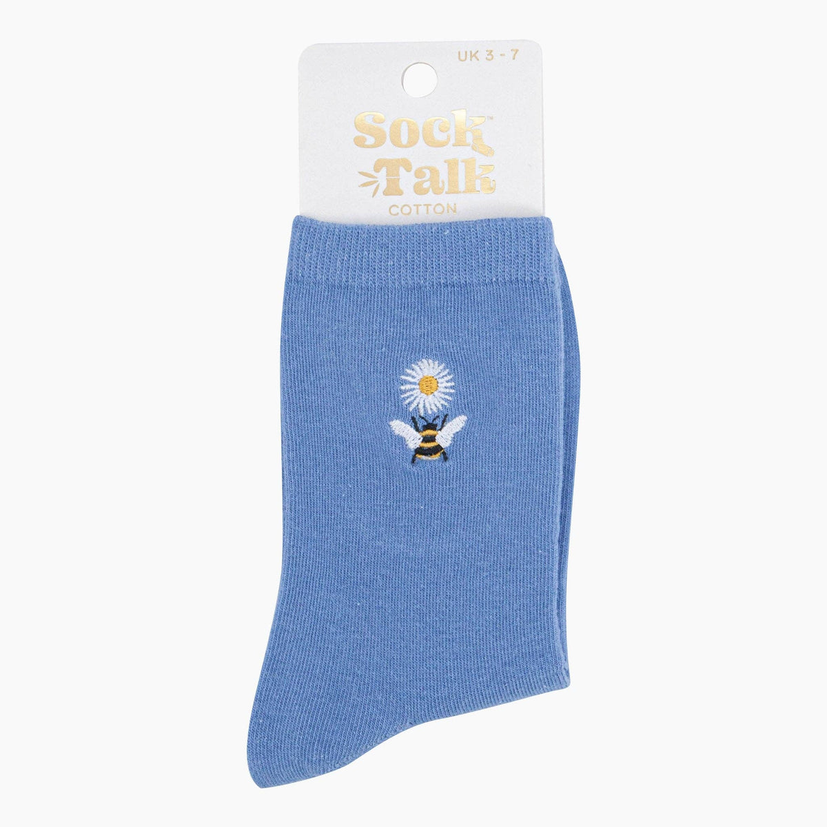 Women's Embroidered Cotton Socks -  Blue, Bee Daisy Flower