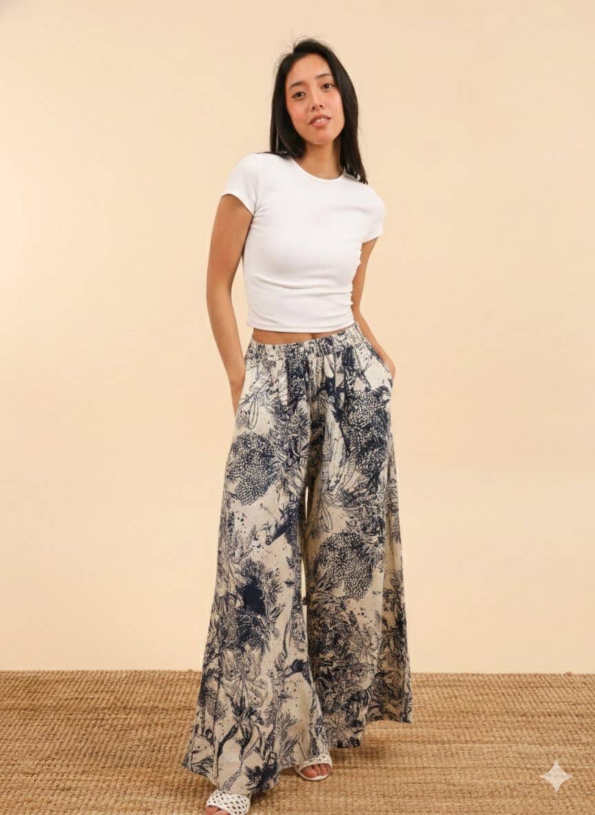 Italian Line Print Palazzo Pants - Khaki