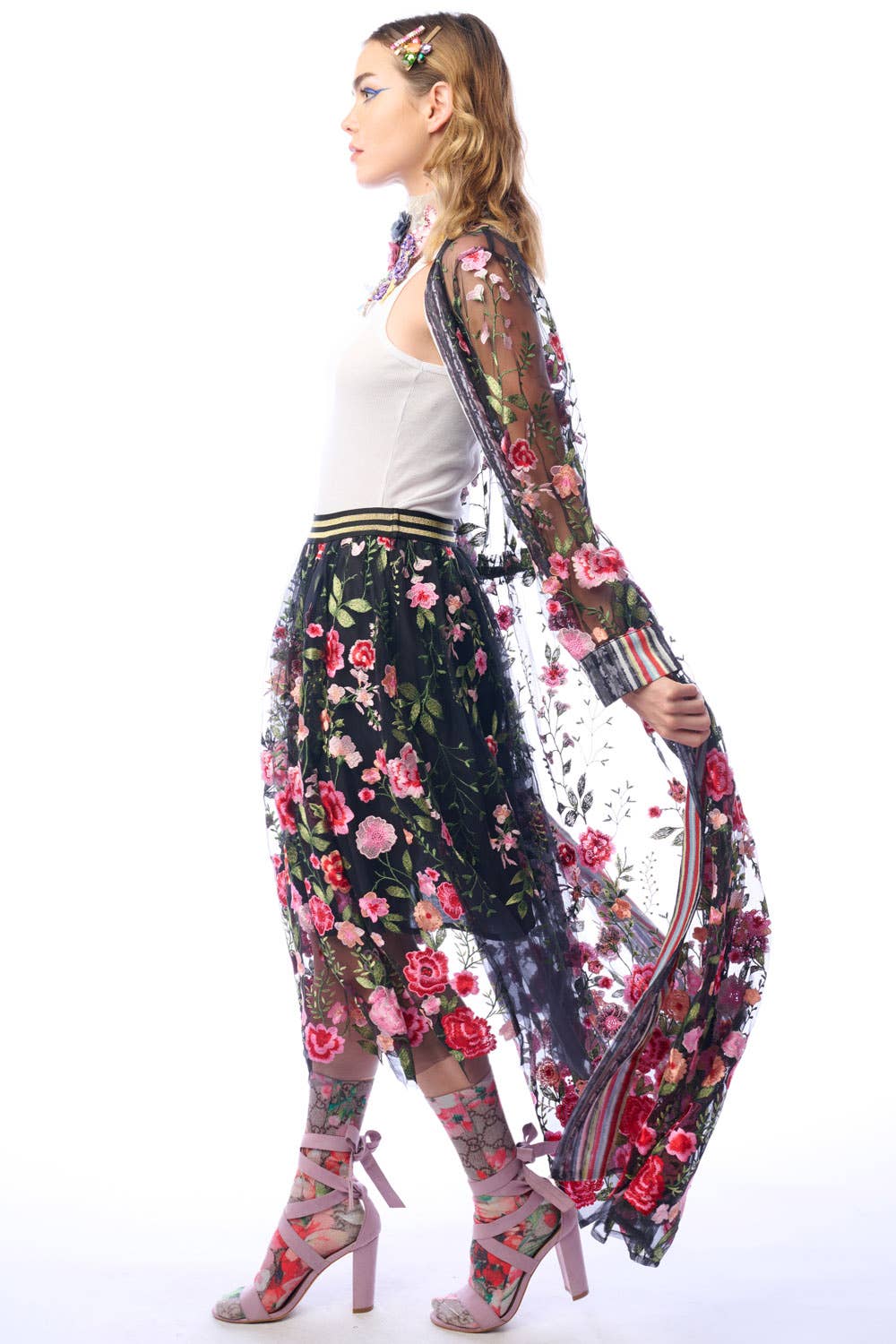 Arata - Floral Embroidered Duster Jacket - Dark Rose