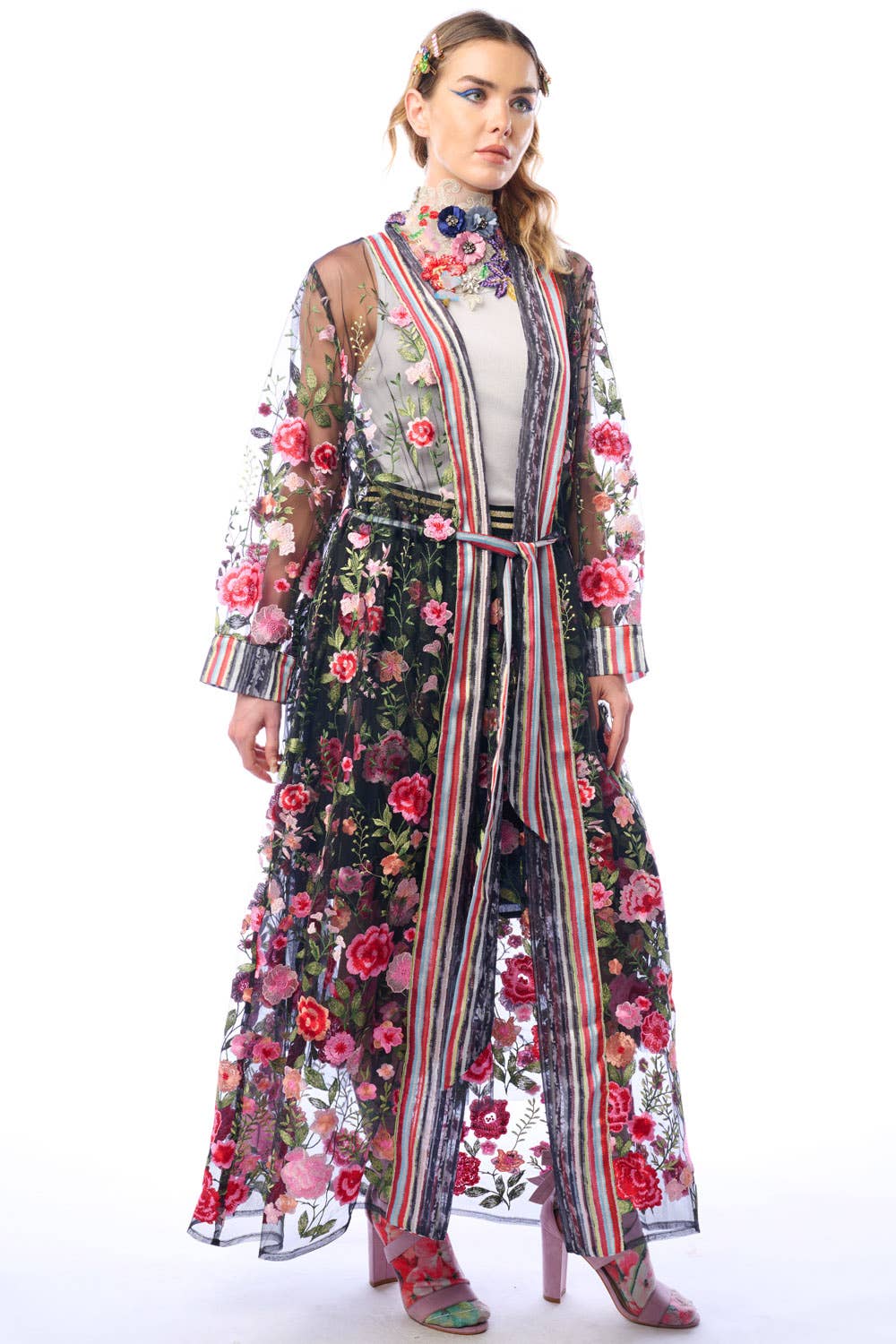 Arata - Floral Embroidered Duster Jacket - Dark Rose