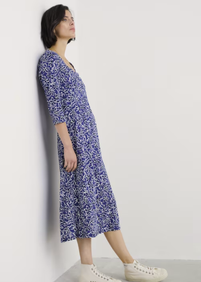 Seasalt Cornwall - 3/4 Secret Cove Dress - Harbour Floral Washed Marine
