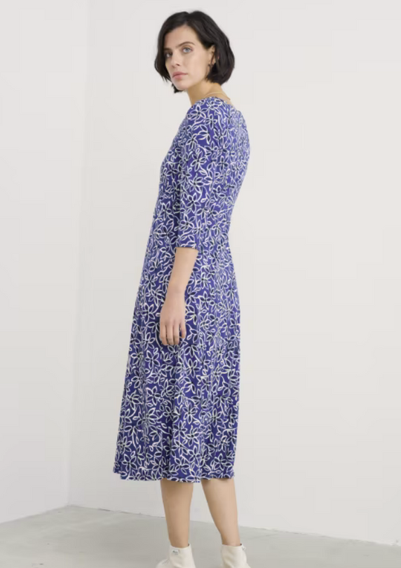 Seasalt Cornwall - 3/4 Secret Cove Dress - Harbour Floral Washed Marine