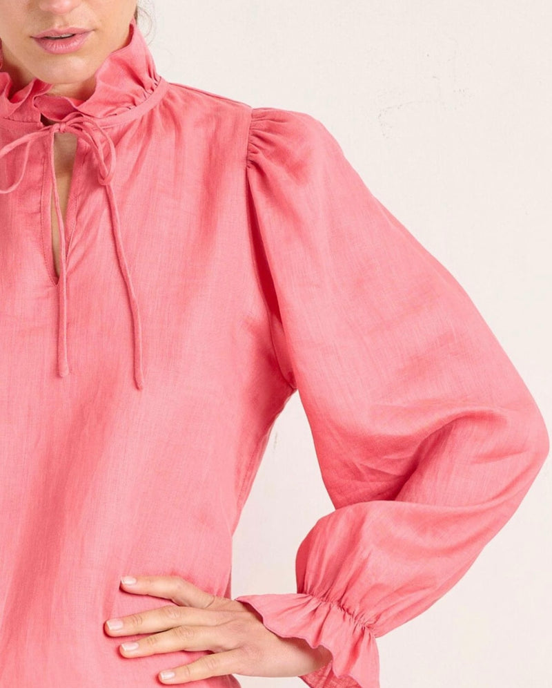 State Of Embrace’Frill’ Linen Blouse - Rouge - Size 6, 8