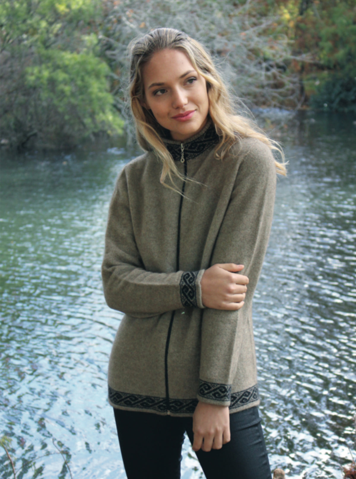 Lothlorian - Possum Merino ‘Motif’ Zip Cardigan - Natural - LAST - Size XXL